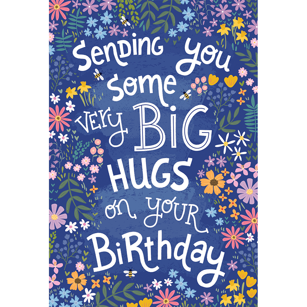 Big Hugs birthday card from Cardmore, featuring colorful illustrations and heartfelt message, perfect for celebrating special occasions.